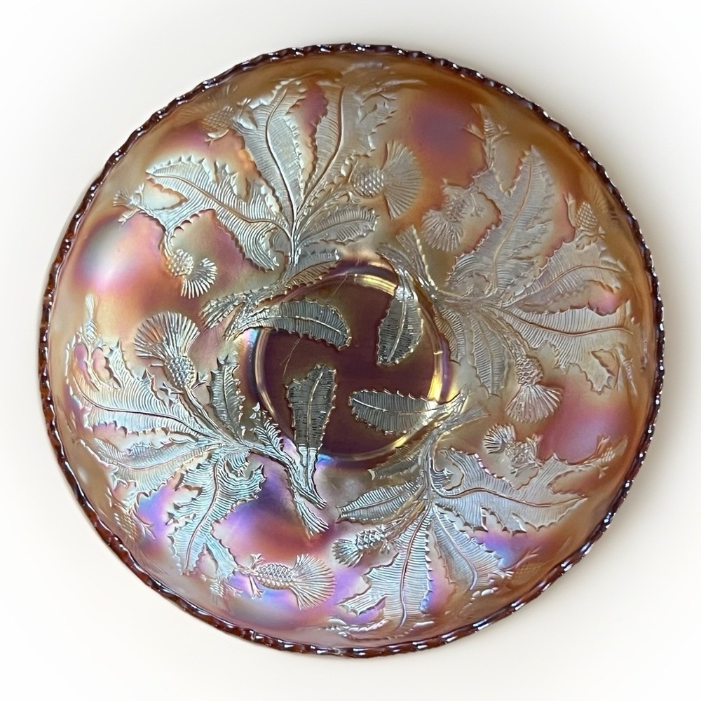Vintage Carnival Glass Marigold Thistle Bowl Iridescent Scalloped Edge